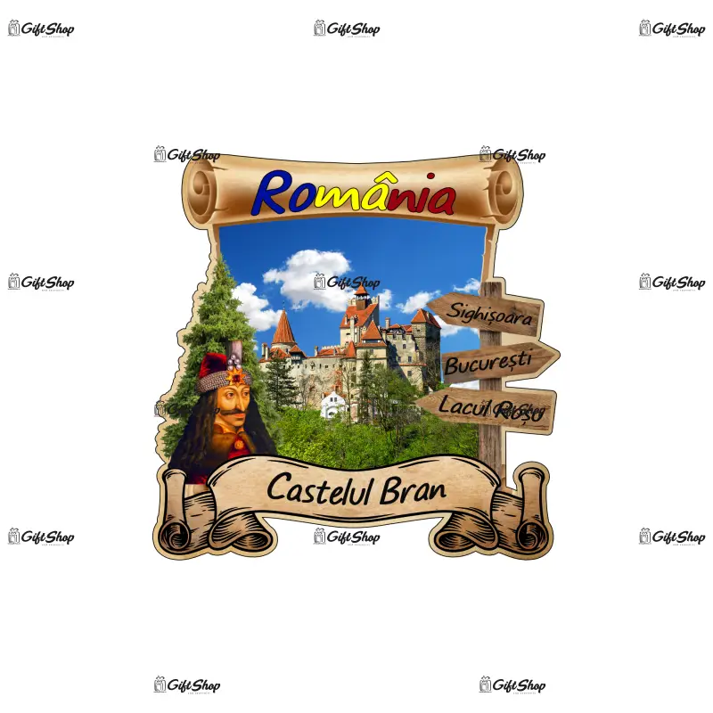 Mgs210-magnet frigider din lemn „castelul bran” 8×8 cm, romania